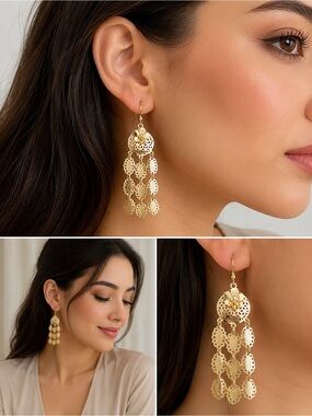 Gold-Tone Floral Filigree Chandelier Dangle Earrings | Elegant Statement Earring